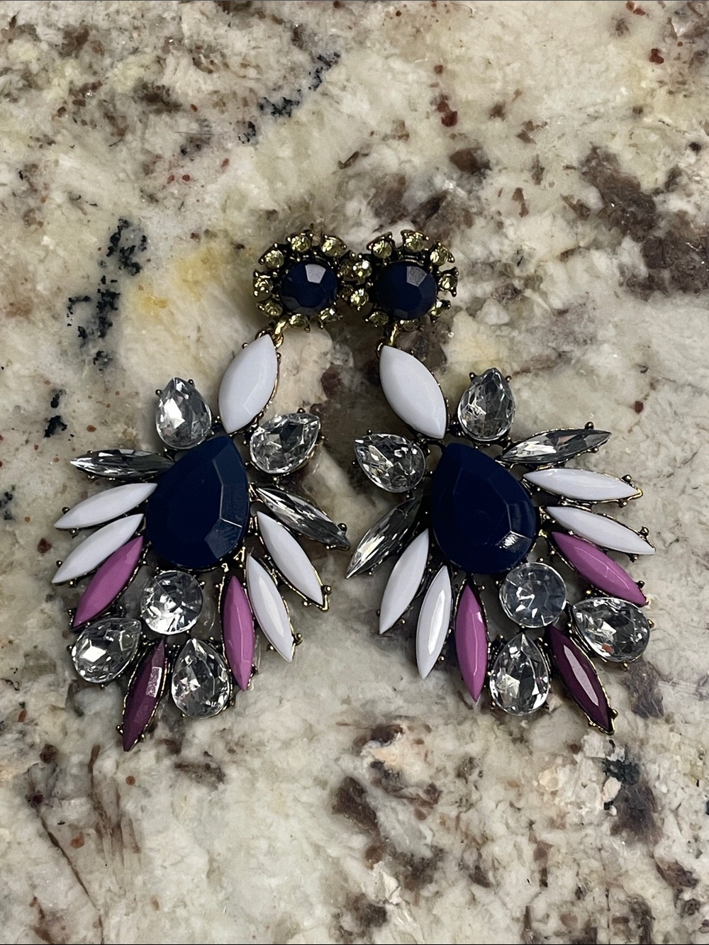 Gold-Tone Navy, White & Pink Crystal Statement Earrings